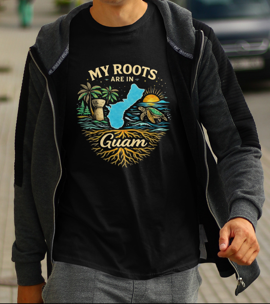 My Roots Are In Guam Chamorro Culture Heritage Turtle Latte Stone Palms Sunset Ocean Map T-Shirt