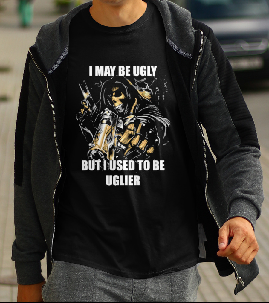 I May Be Ugly But I Used To Be Uglier Skull Warrior With Hooded Cloak T-Shirt