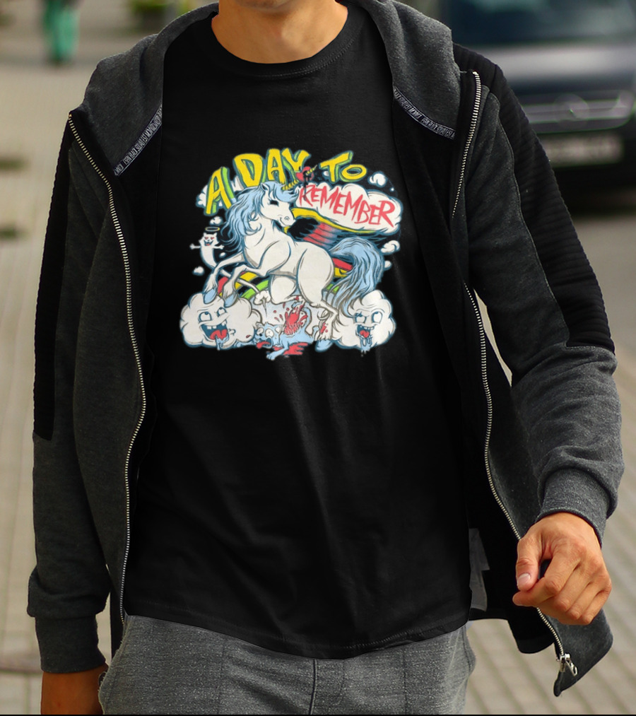 A Day To Remember Unicorn With Colorful Clouds And Characters T-Shirt