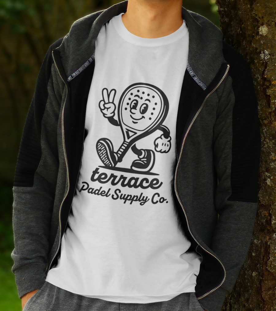 Terrace Padel Supply Co. Smiling Paddle Character Peace Sign T-Shirt