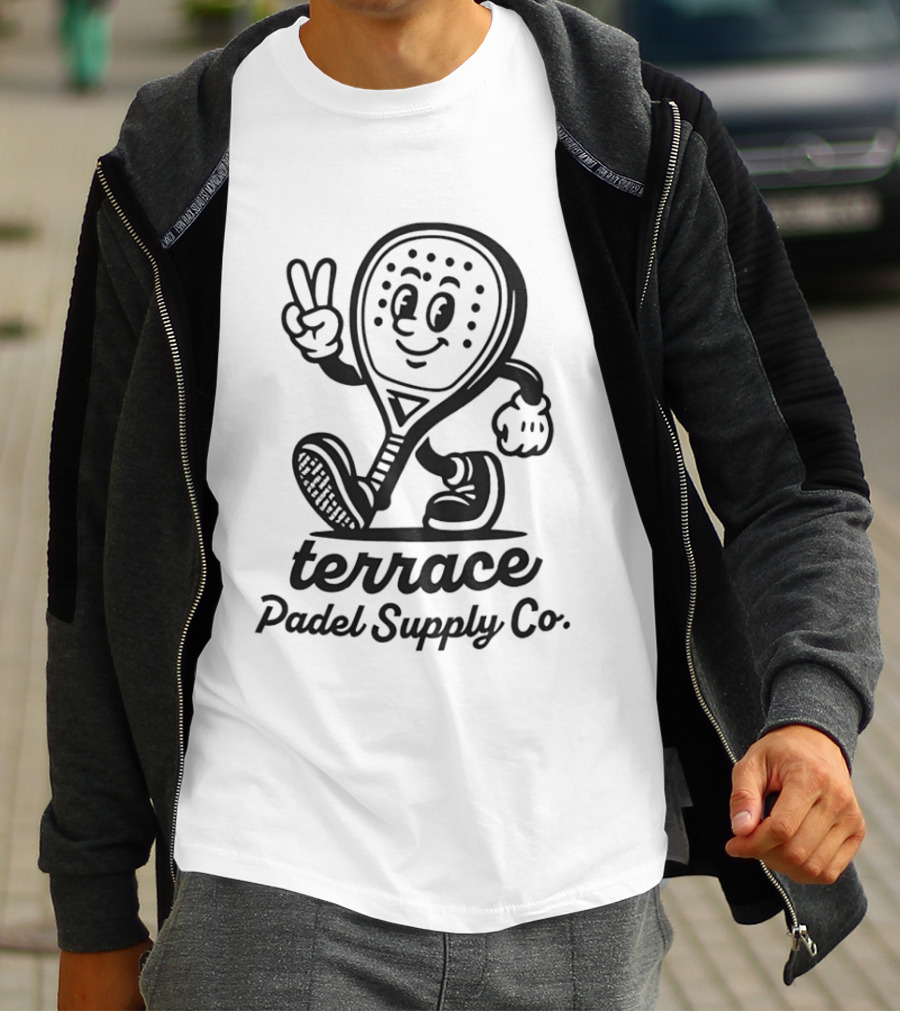 Terrace Padel Supply Co. Smiling Paddle Character Peace Sign T-Shirt