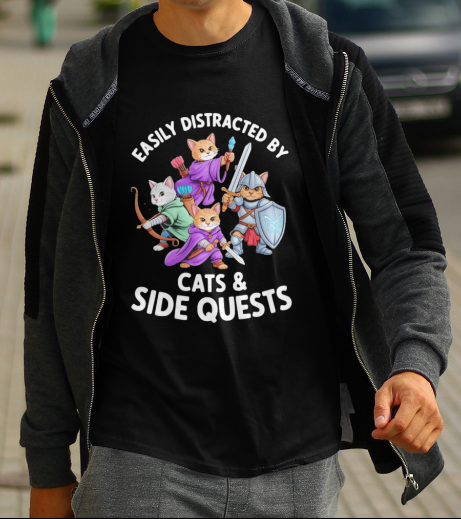 Easily Distracted By Cats And Side Quests Fantasy Theme With Feline Adventurers T-Shirt
