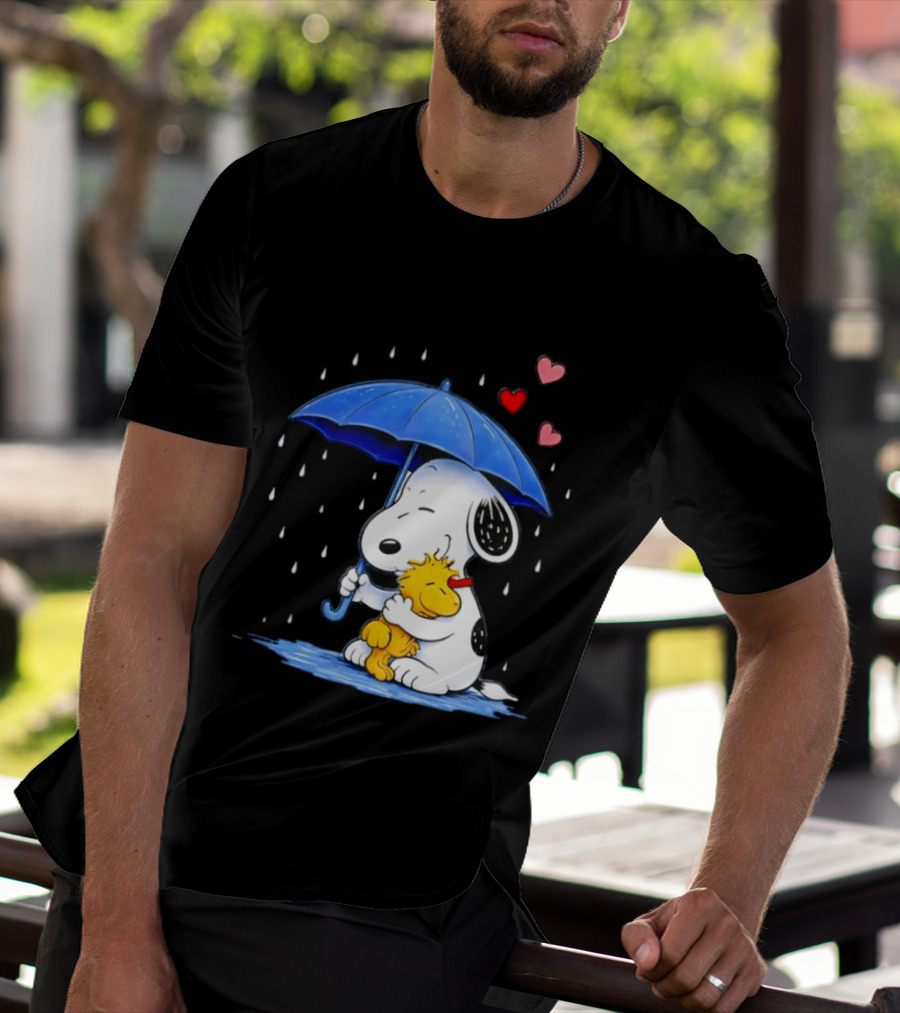 Snoopy Woodstock Umbrella Hearts Rain Hugging T-Shirt