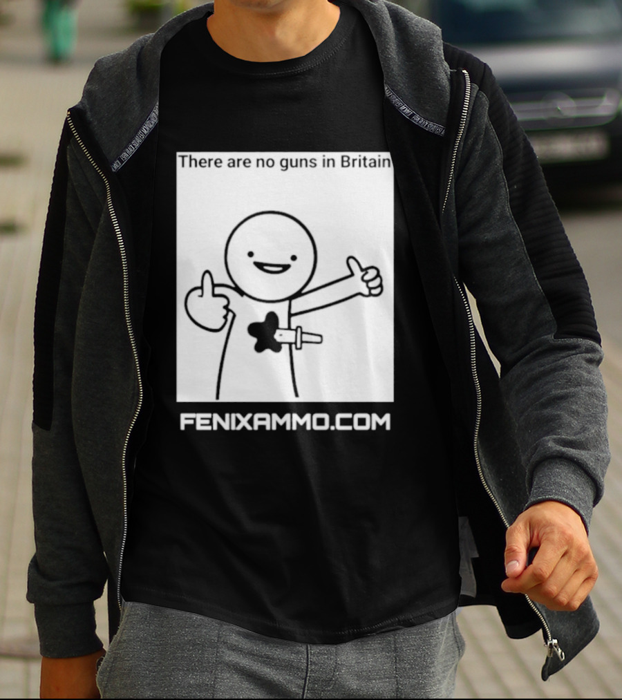 There Are No Guns In Britain Fenixammo Com Happy Character With Gun Hand Gesture T-Shirt