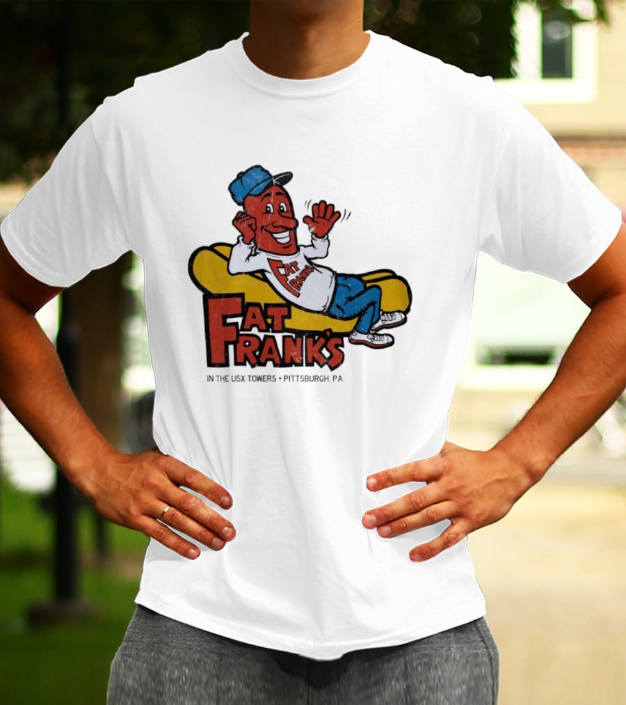 Fat Frank's In The USX Towers Pittsburgh PA Hot Dogs Retro Cartoon T-Shirt