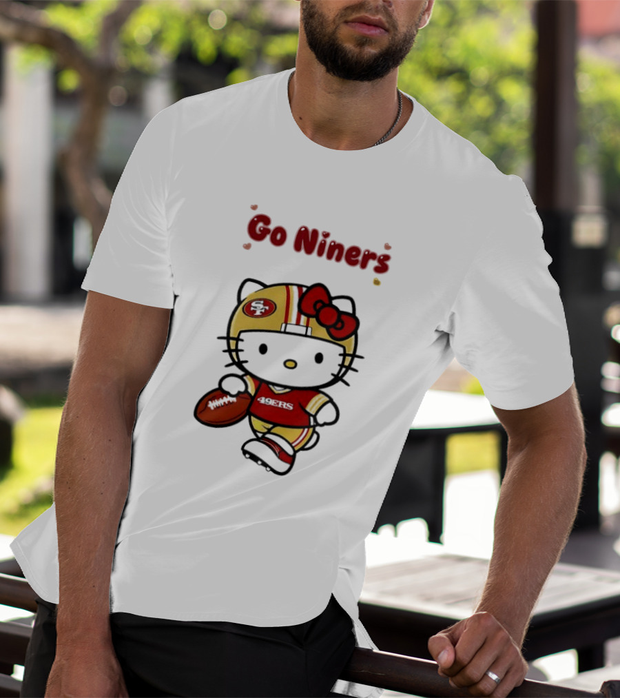 Go Niners SF Oval Gold Helmet Jersey Hello Kitty Football Bow T-Shirt