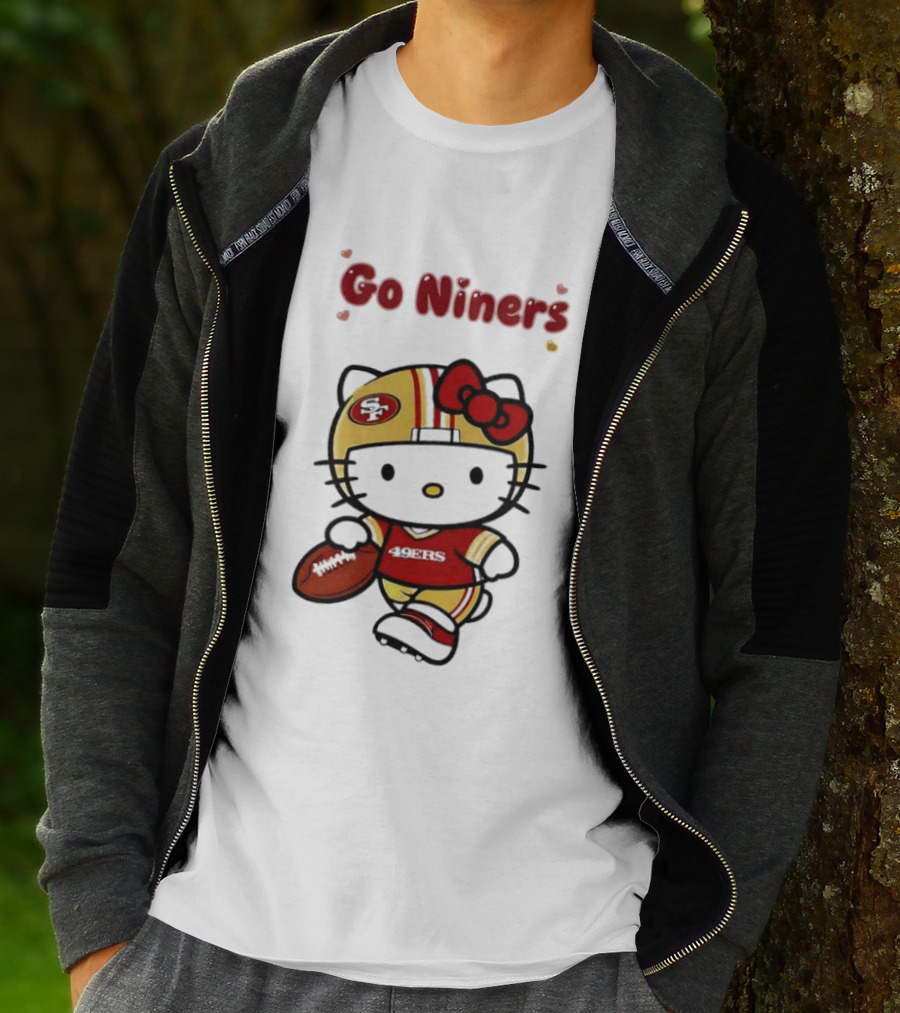 Go Niners SF Oval Gold Helmet Jersey Hello Kitty Football Bow T-Shirt