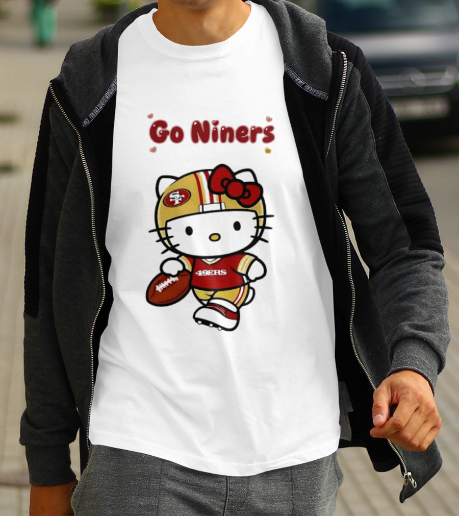 Go Niners SF Oval Gold Helmet Jersey Hello Kitty Football Bow T-Shirt