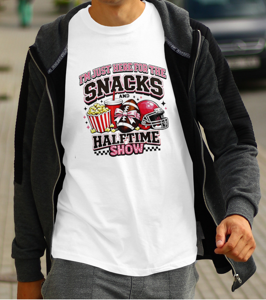 I'm Just Here For The Snacks And Halftime Show Football Popcorn Pink Coquette T-Shirt