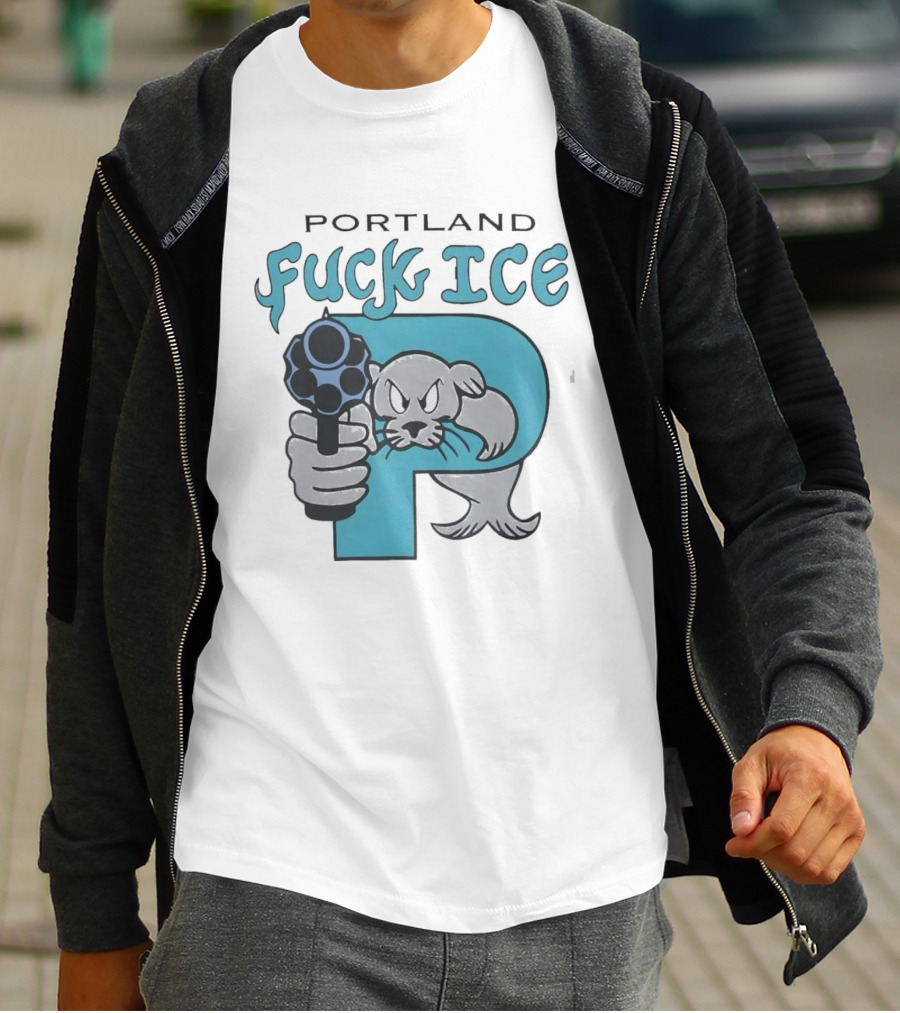 Portland Fuck ICE Seal Holding Revolver Protest T-Shirt