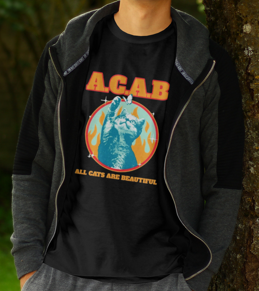 A.C.A.B Cat With Butterfly And Flames T-Shirt