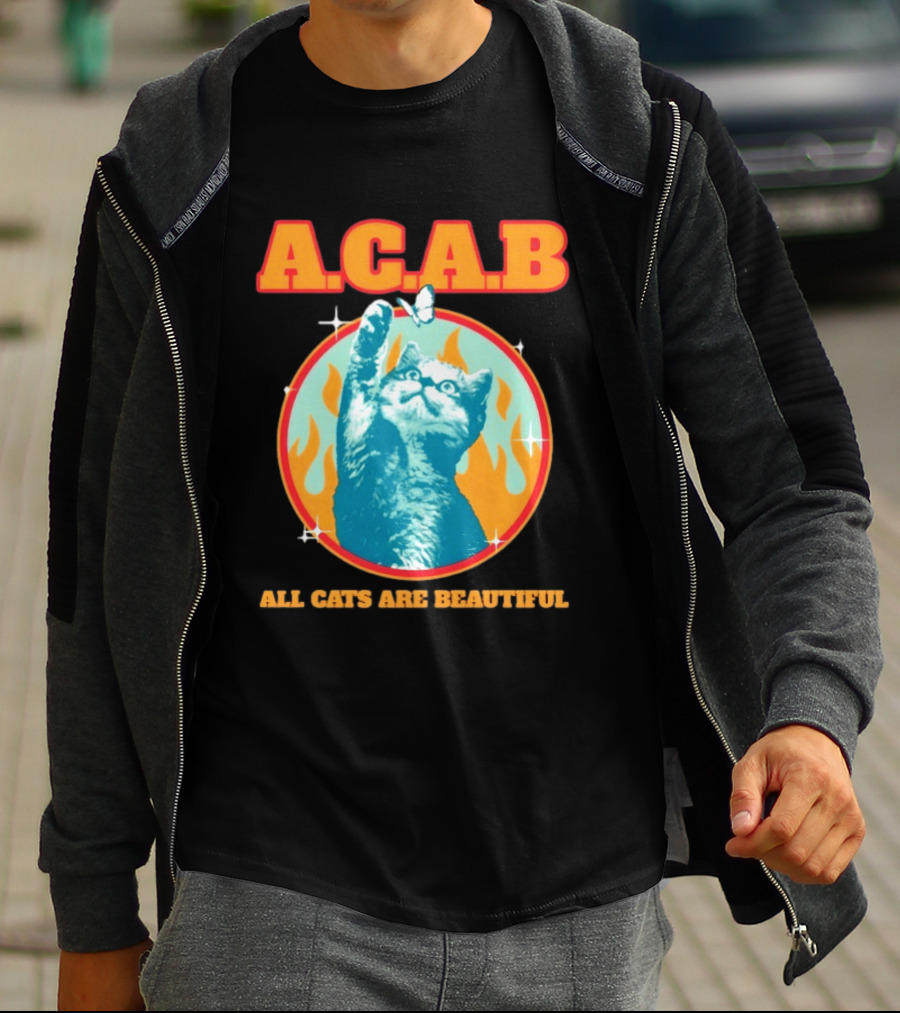 A.C.A.B Cat With Butterfly And Flames T-Shirt