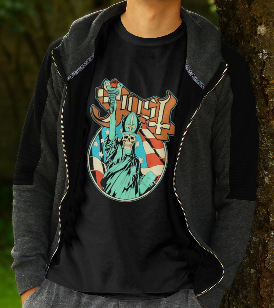 Ghost Statue Of Liberty Skeleton Torch Metal Band T-Shirt