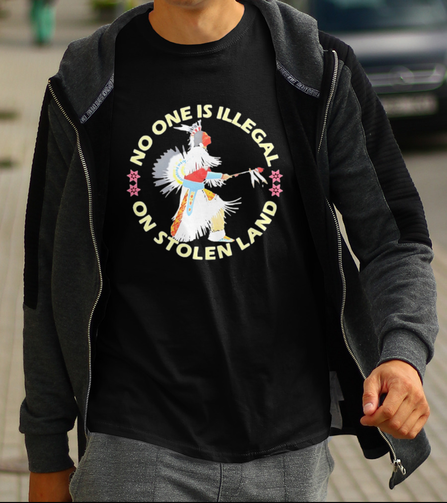 No One Is Illegal On Stolen Land Native American Dancer Floral Circle T-Shirt