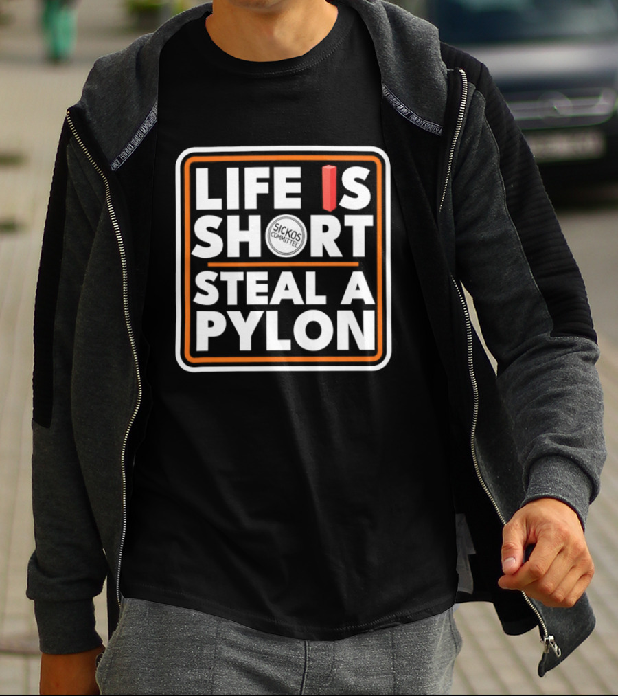 Life Is Short Steal A Pylon Football Humor Orange Block T-Shirt