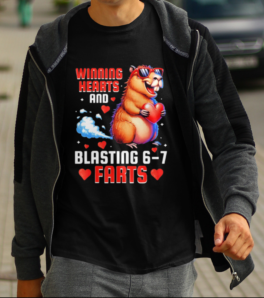 Winning Hearts And Blasting 6 7 Farts Capybara Valentine's Day T-Shirt