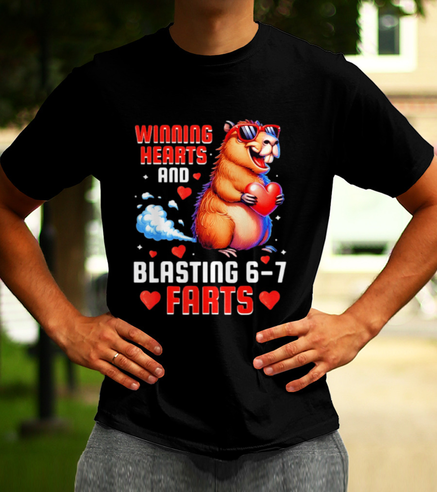 Winning Hearts And Blasting 6 7 Farts Capybara Valentine's Day T-Shirt