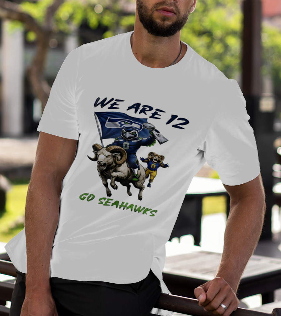 We Are 12 Go Seahawks Riding Goat With Seahawks Flag T-Shirt