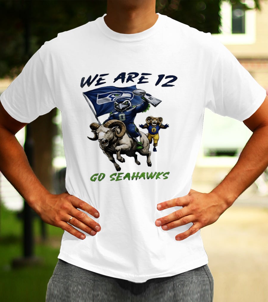 We Are 12 Go Seahawks Riding Goat With Seahawks Flag T-Shirt