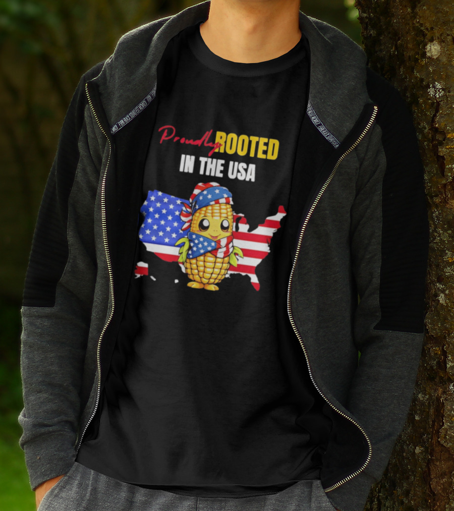 Proudly Rooted In The USA Corn American Flag Map T-Shirt