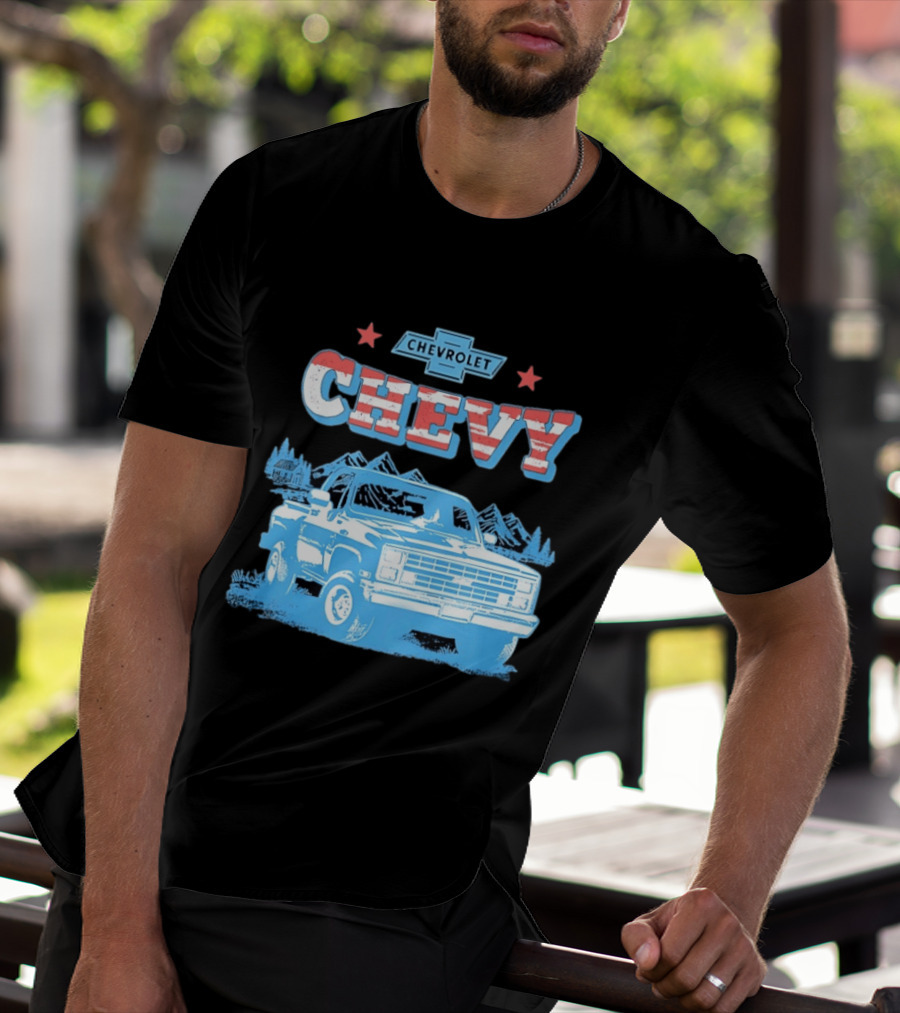 Chevy Chevrolet Truck Vintage Stars And Stripes Retro Mountain Scene T-Shirt