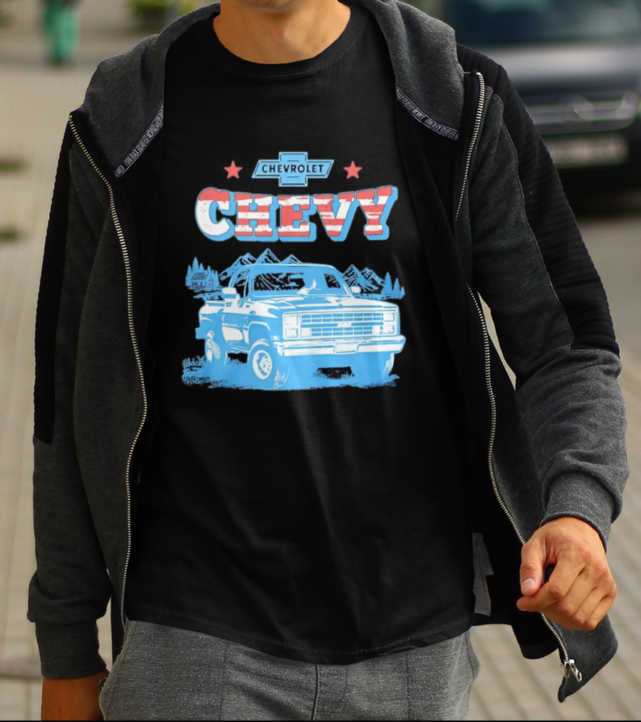 Chevy Chevrolet Truck Vintage Stars And Stripes Retro Mountain Scene T-Shirt