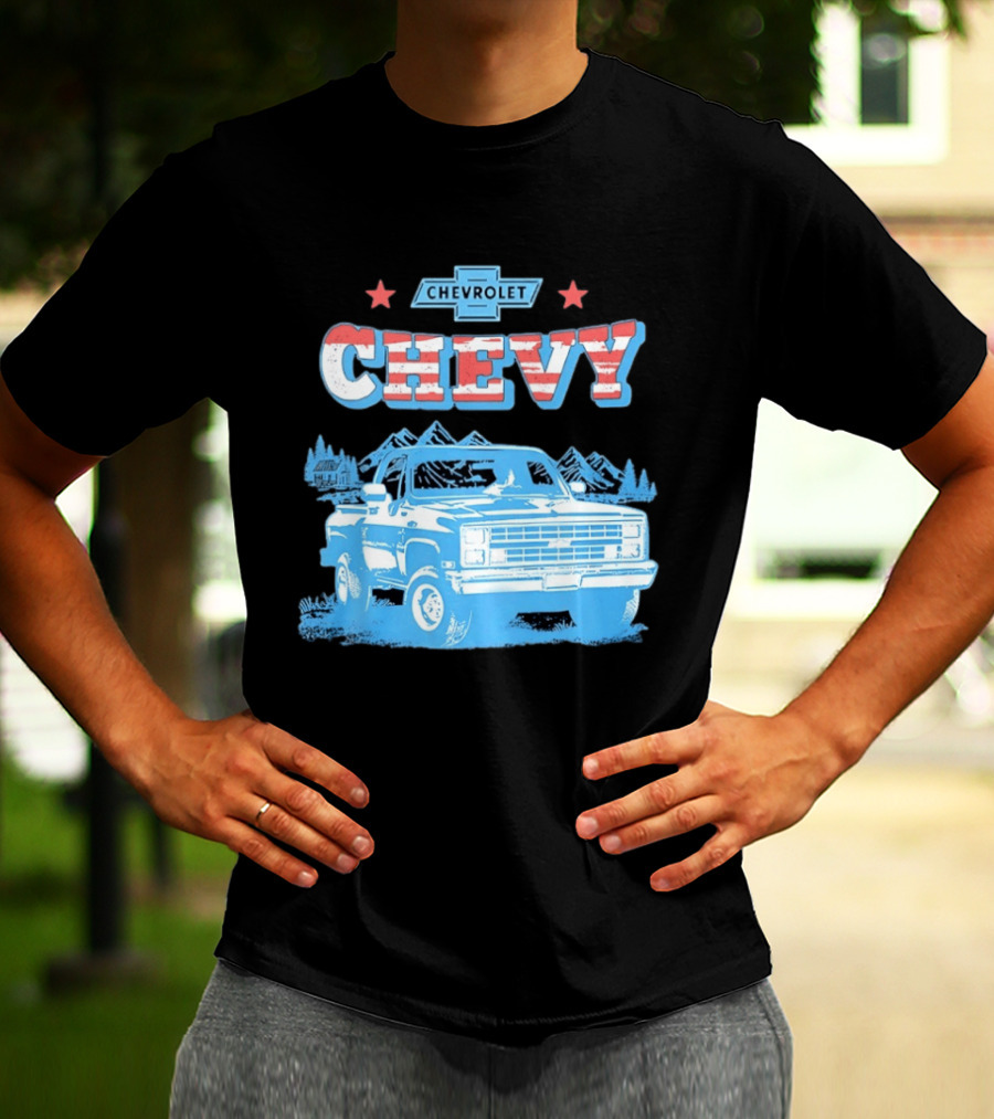 Chevy Chevrolet Truck Vintage Stars And Stripes Retro Mountain Scene T-Shirt