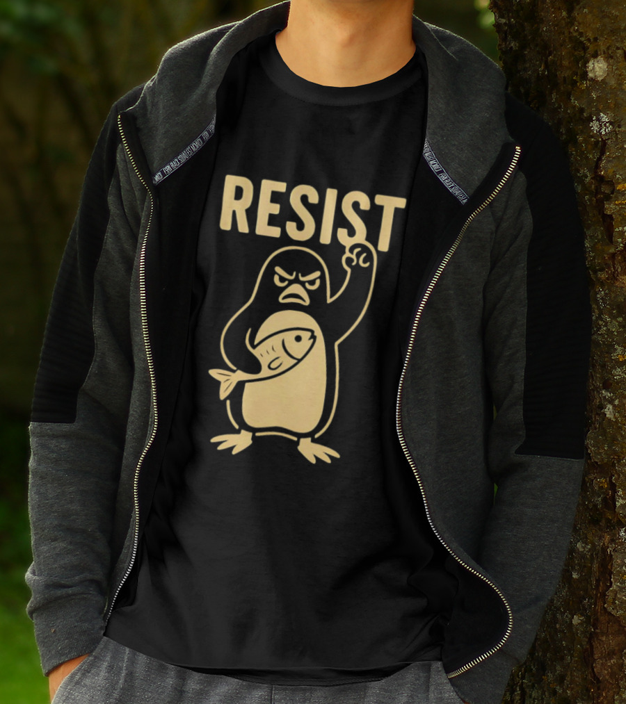 RESIST Angry Penguin Holding Fish T-Shirt