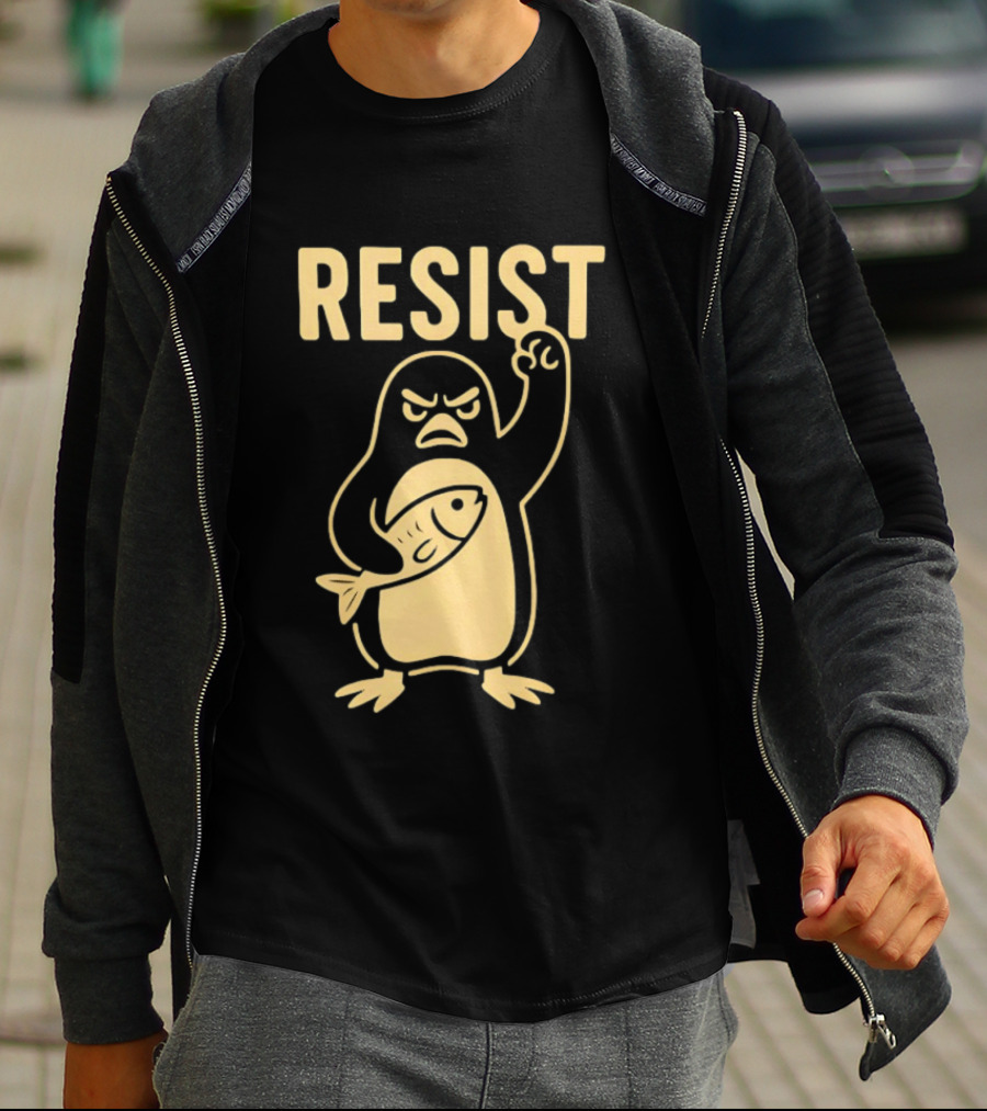 RESIST Angry Penguin Holding Fish T-Shirt