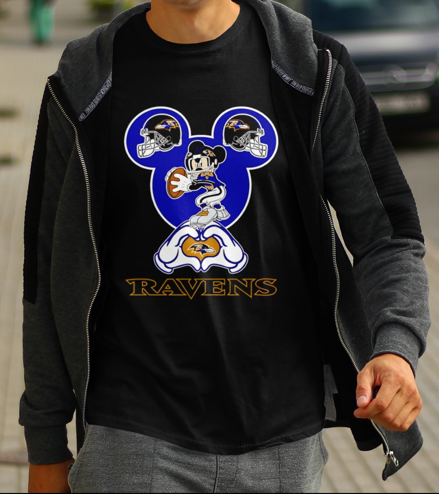 Baltimore Ravens Mickey Mouse Heart Hands Football Helmets T-Shirt