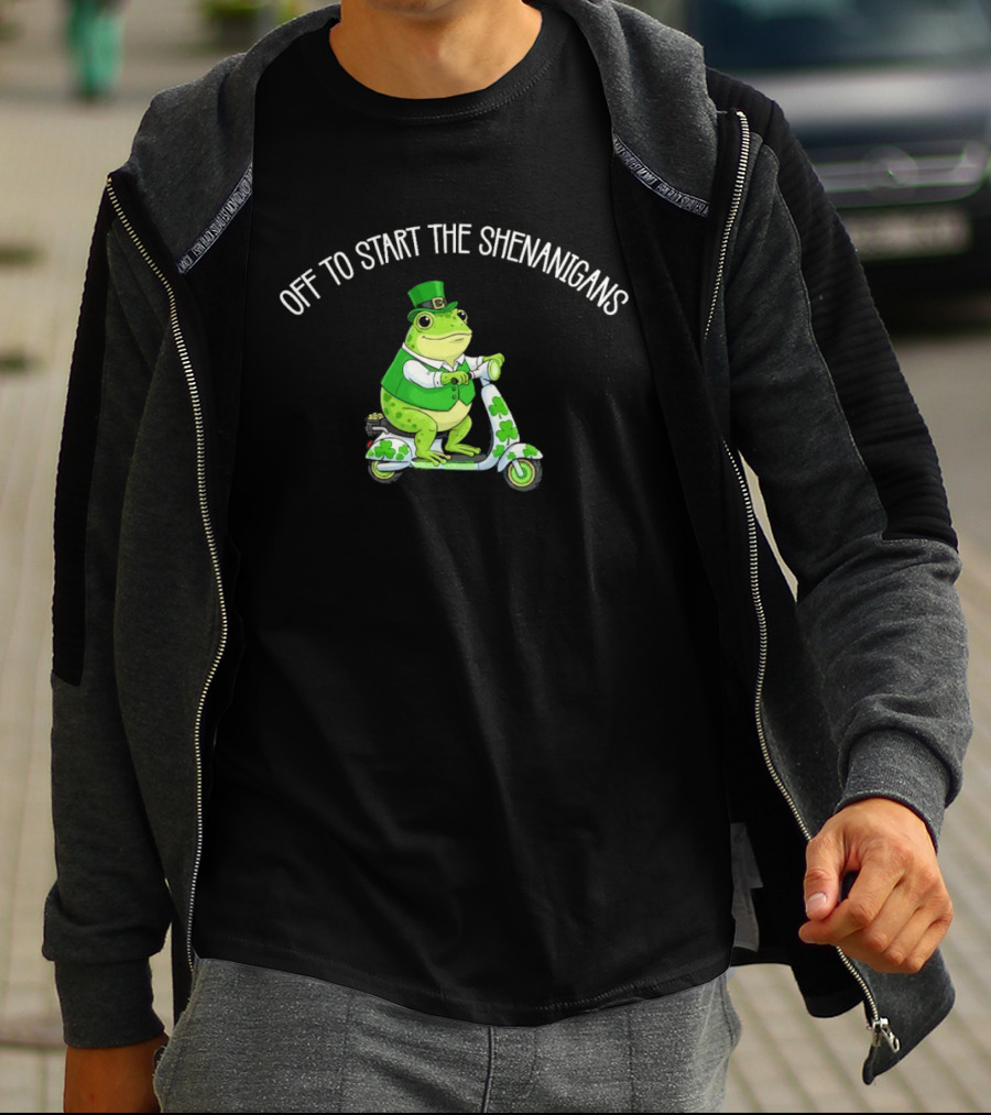Off To Start The Shenanigans Frog Scooter St. Patrick's Day T-Shirt