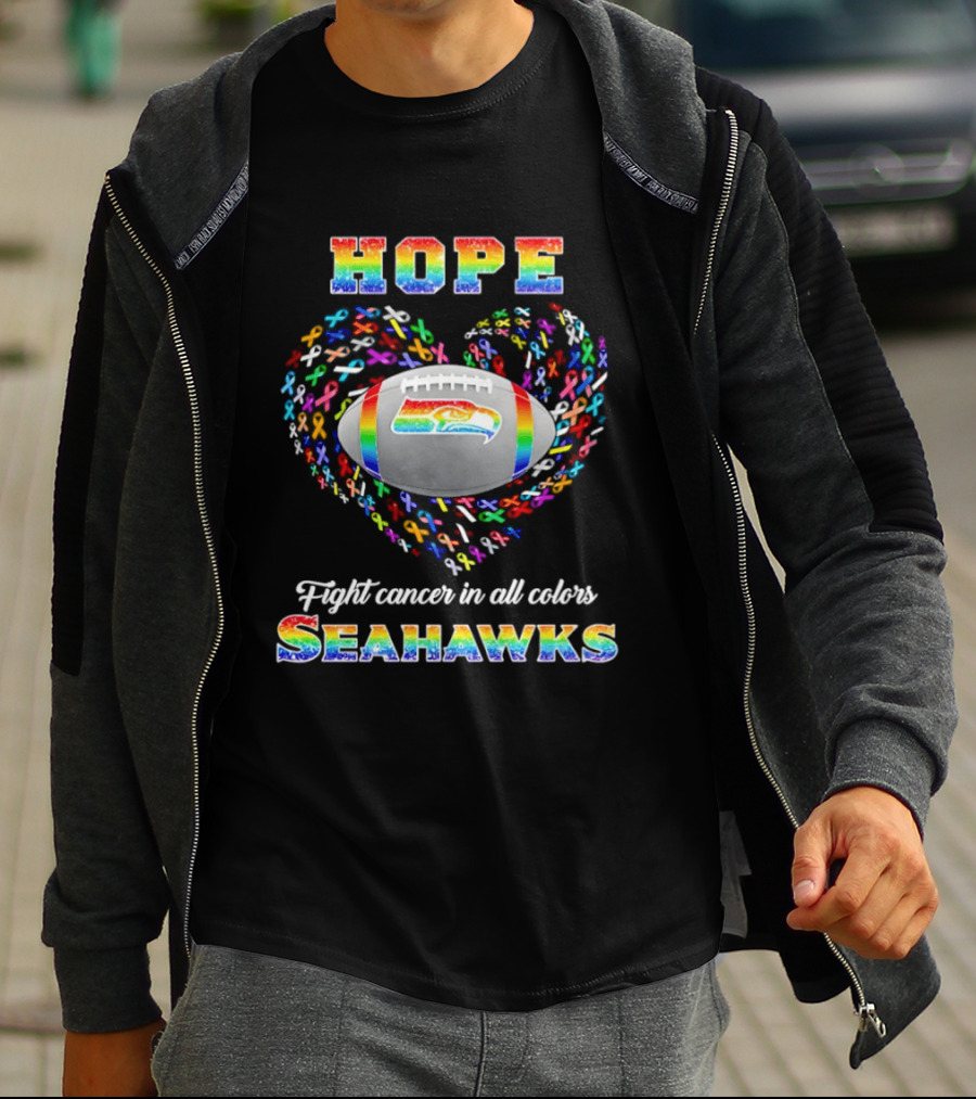 Hope Fight Cancer In All Colors Seahawks Rainbow Heart Football T-Shirt
