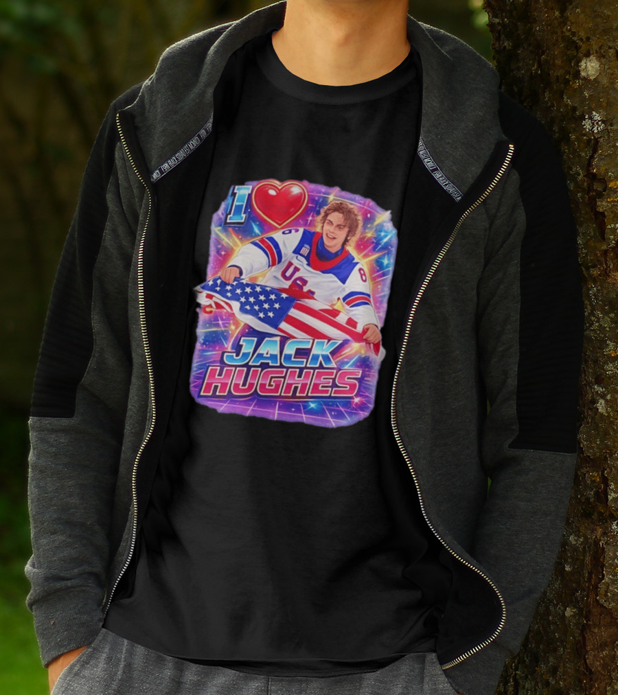 I Love Jack Hughes USA Hockey Flag Celebration T-Shirt