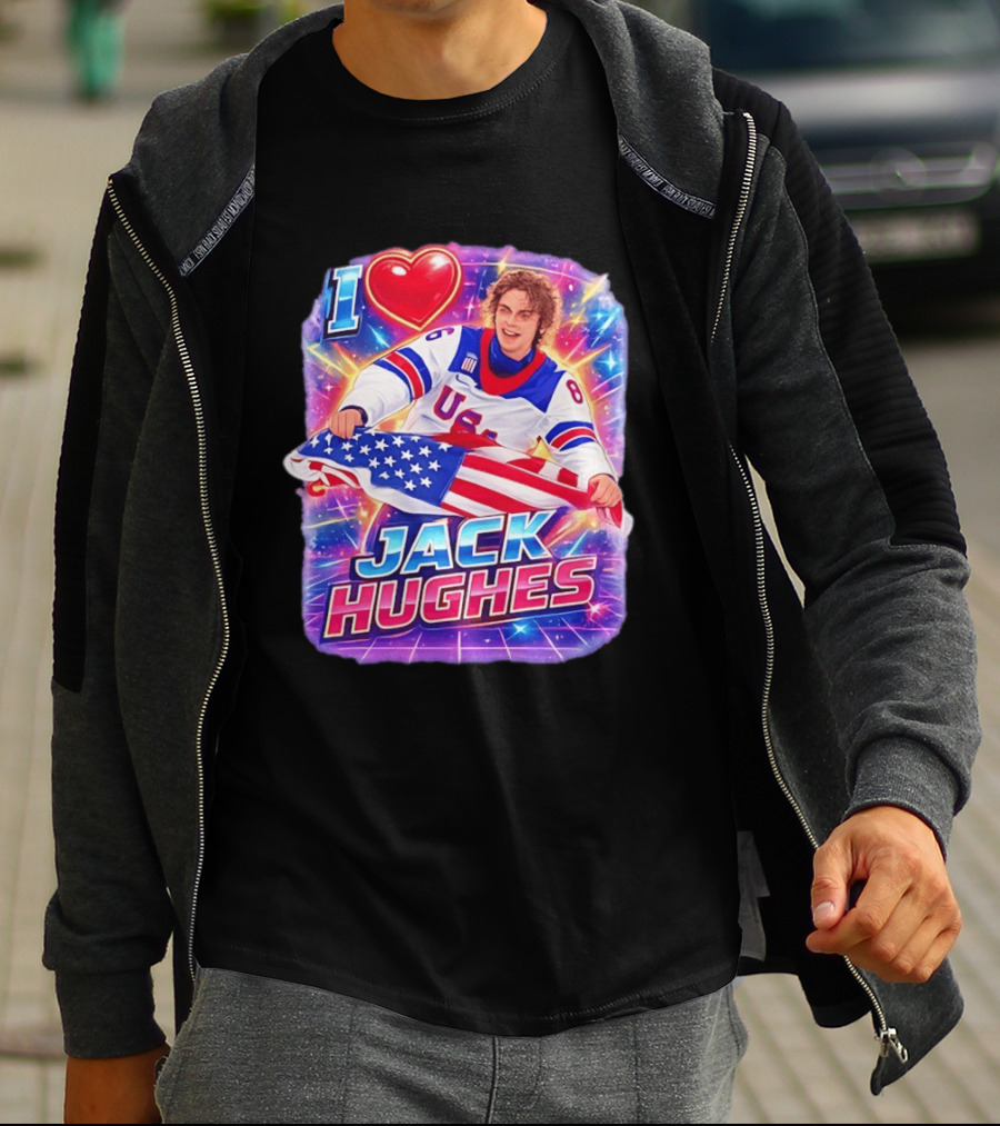 I Love Jack Hughes USA Hockey Flag Celebration T-Shirt