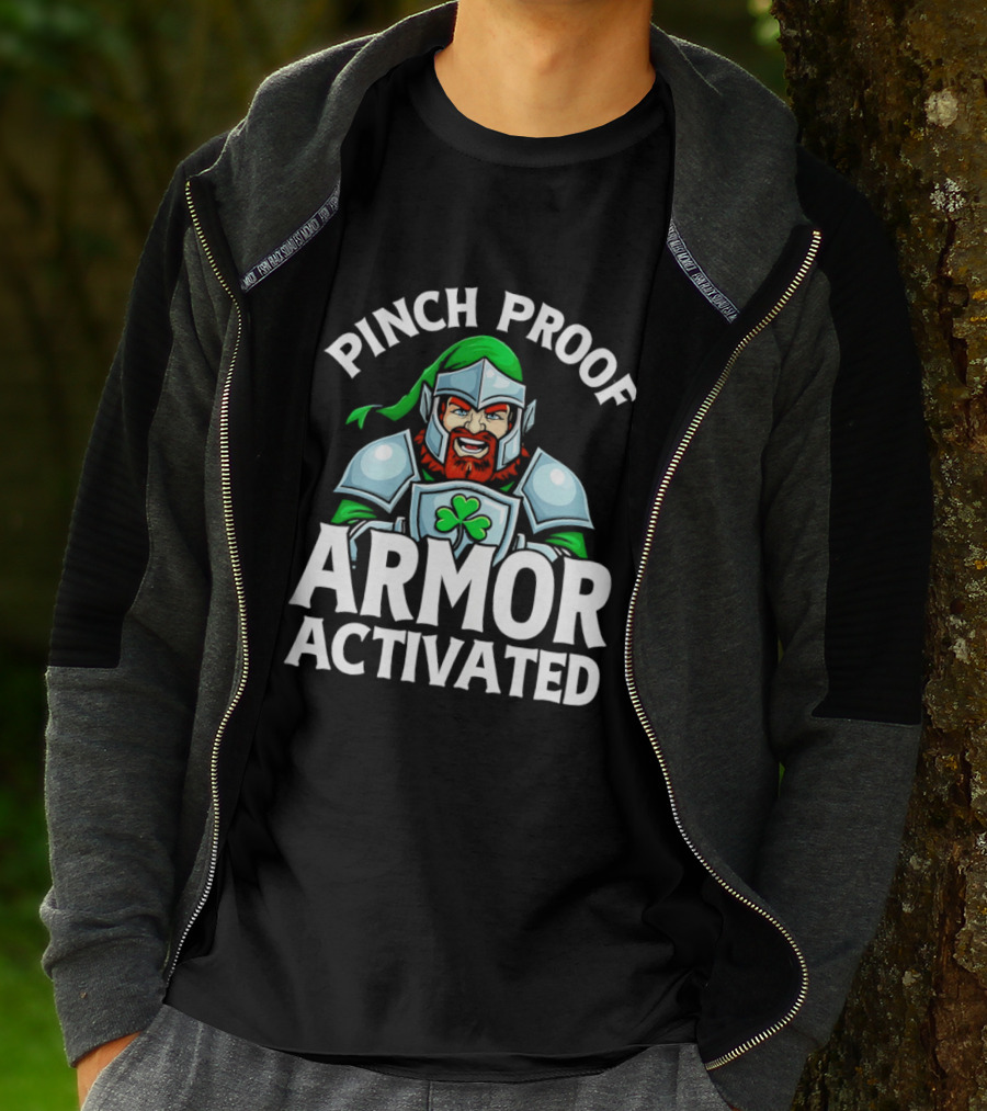 Pinch Proof Armor Activated St Patricks Knight With Clover Shield T-Shirt