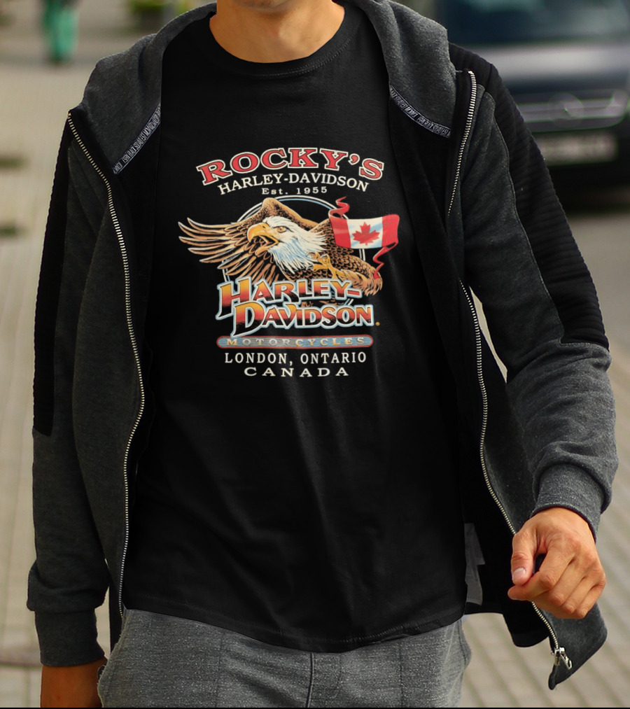 Rocky's Harley Davidson Motorcycles Est 1955 Eagle Canadian Flag London Ontario Canada T-Shirt