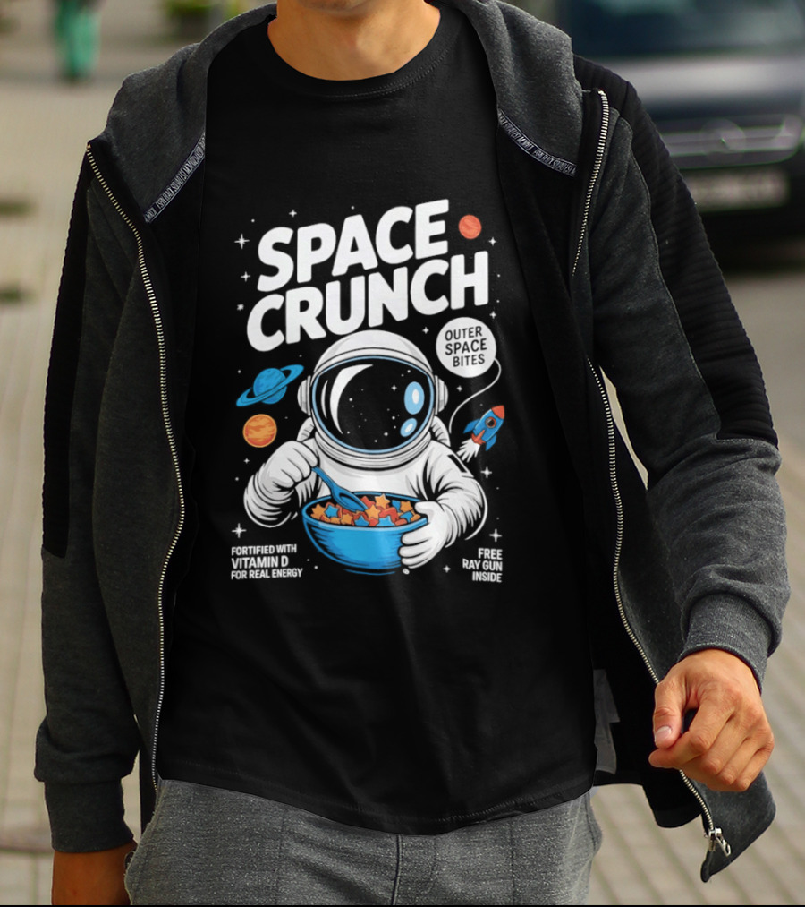 Space Crunch Outer Space Bites Astronaut Eating Cereal Planets Rockets T-Shirt