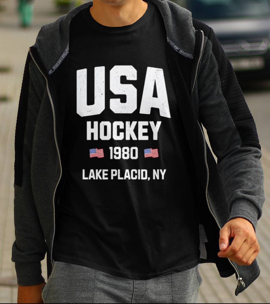 USA Hockey 1980 Lake Placid NY American Flags T-Shirt
