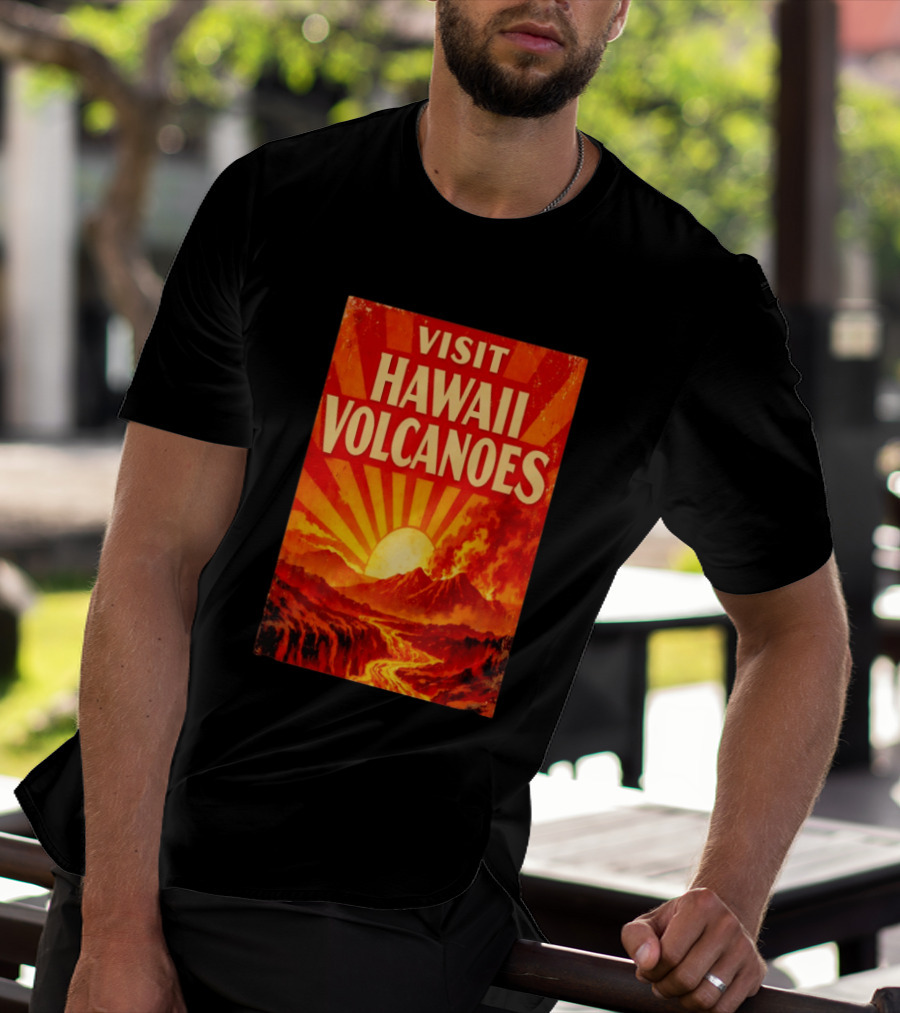 Visit Hawaii Volcanoes Vintage Travel With Erupting Mountain And Sunset Rays T-Shirt