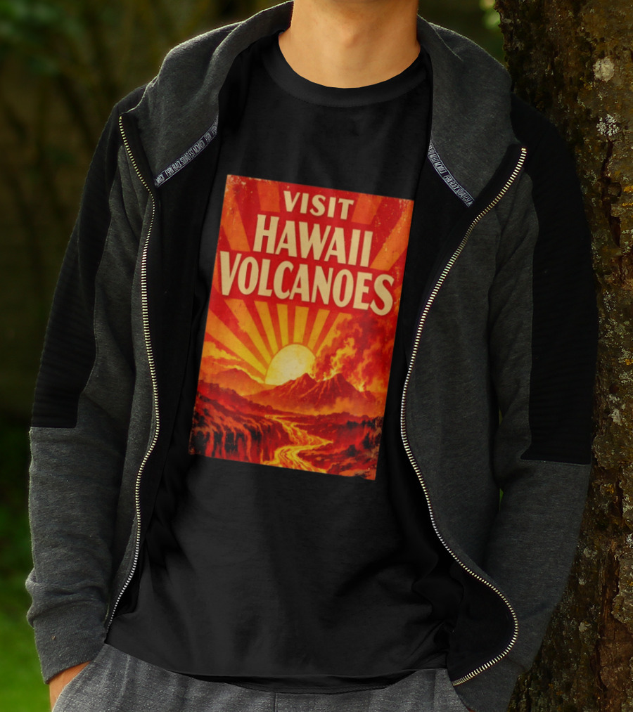 Visit Hawaii Volcanoes Vintage Travel With Erupting Mountain And Sunset Rays T-Shirt
