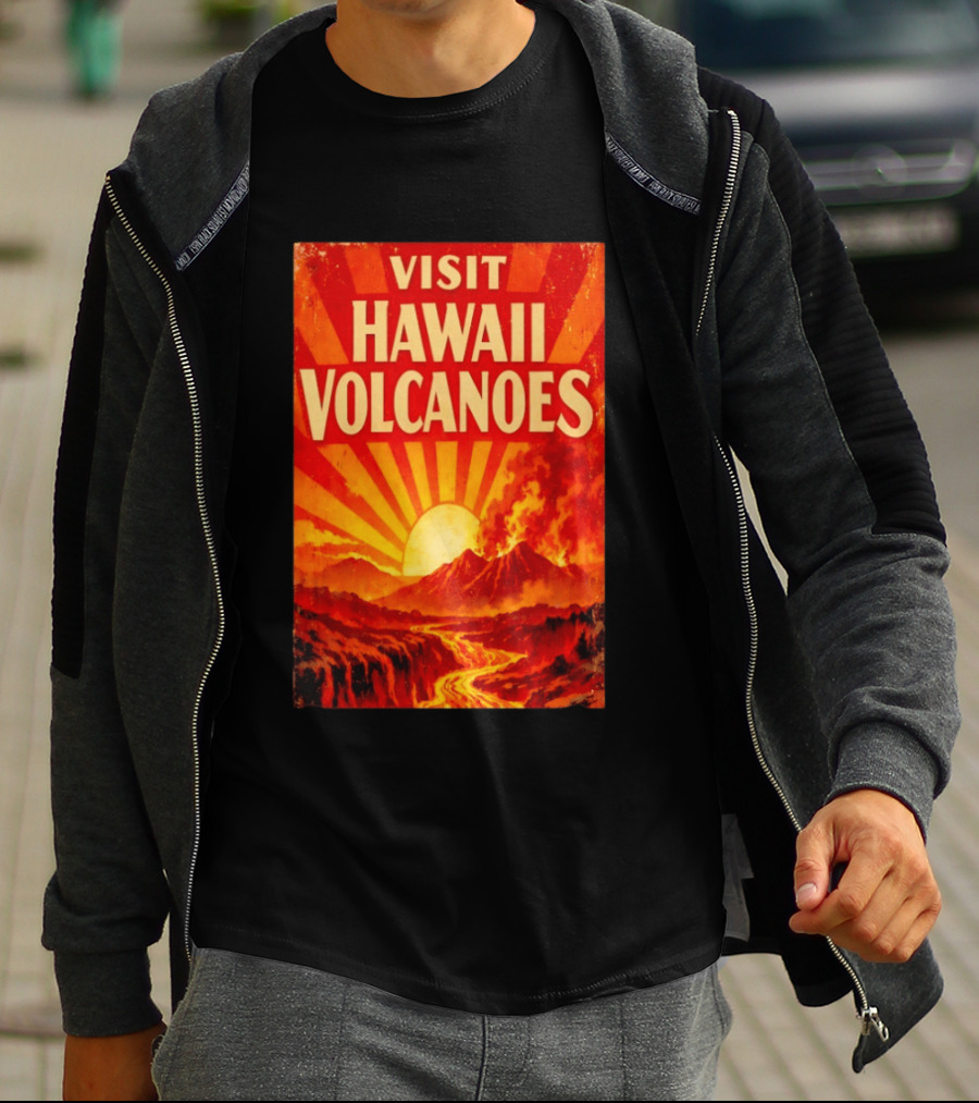 Visit Hawaii Volcanoes Vintage Travel With Erupting Mountain And Sunset Rays T-Shirt