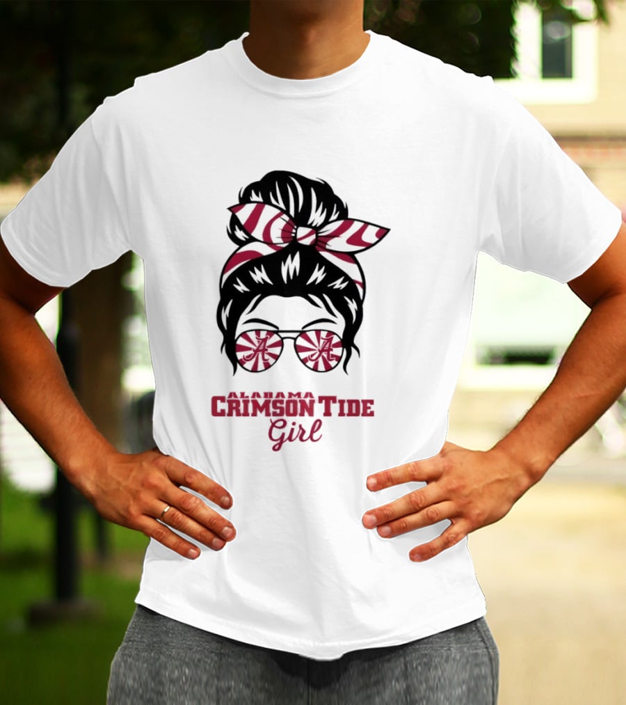 Alabama Crimson Tide Girl Messy Bun With Glasses And Bow T-Shirt