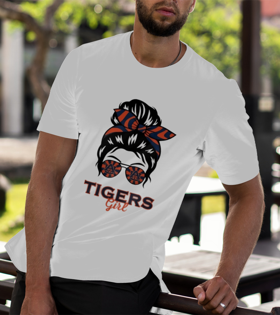 Auburn Tigers Girl Messy Bun Glasses Bow T-Shirt