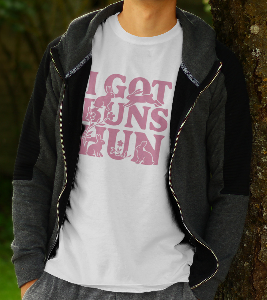 I Got Buns Hun Pink Bunny Art With Flowers T-Shirt