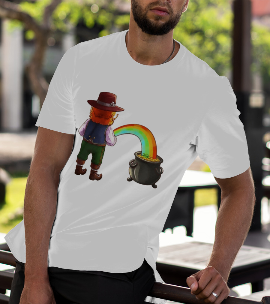 St Patricks Day Leprechaun Pissing Rainbow Into Pot Of Gold Meme T-Shirt