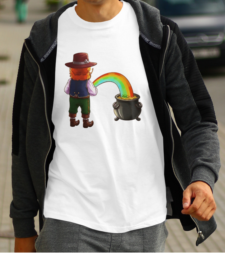 St Patricks Day Leprechaun Pissing Rainbow Into Pot Of Gold Meme T-Shirt