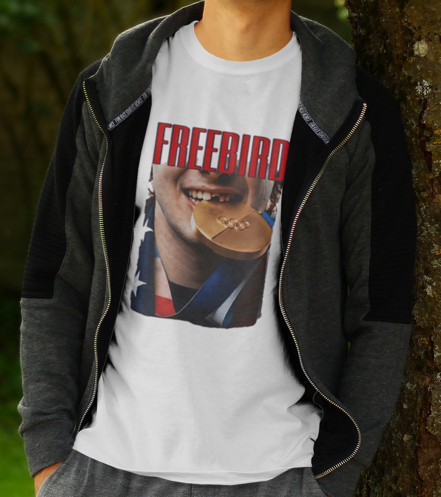 Jack Hughes Freebird Golden Smile Olympic Medal Bite T-Shirt