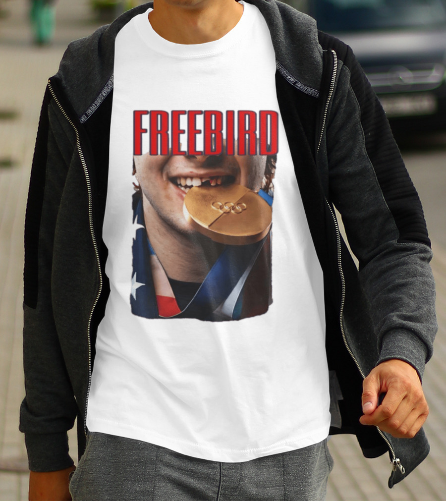 Jack Hughes Freebird Golden Smile Olympic Medal Bite T-Shirt