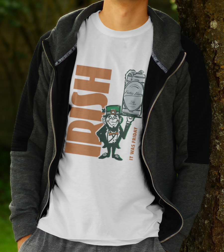 Leprechaun Holding Friday Beer Can Irish It Was Friday T-Shirt