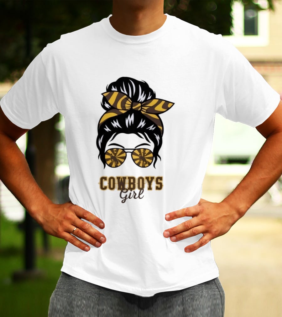 Wyoming Cowboys Girl Messy Bun Zebra Print Headband Glasses T-Shirt